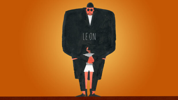 A tall dark figure labeled Leon stands protectively behind a smaller person, HD Desktop Wallpaper
