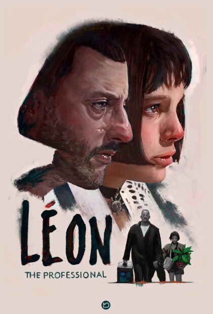 A detailed digital painting showing the intense expressions of Leon and Mathilda from Leon Wallpapers, 2K Mobile Wallpaper