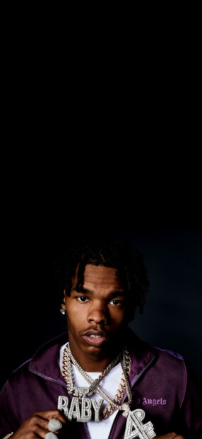 Lil Baby wears multiple diamond chains and a purple jacket, 2K Phone Wallpaper
