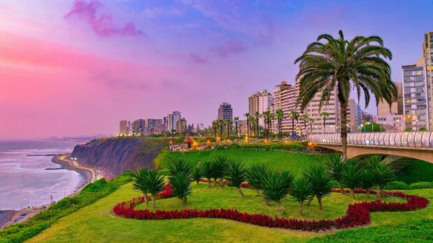 Lima Peru colorful sunset view with palm trees and city skyline, HD Desktop Wallpaper