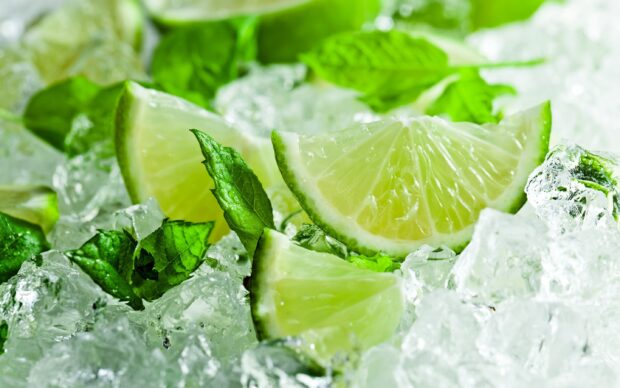 Fresh lime wedges with mint leaves on crushed ice with vibrant green colors
