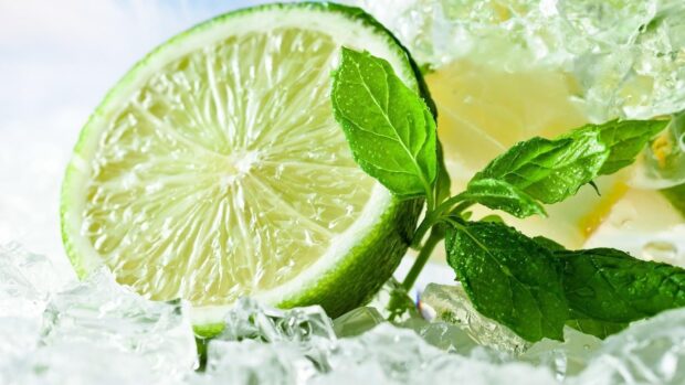 A fresh slice of lime with green leaves surrounded by ice cubes and water droplets