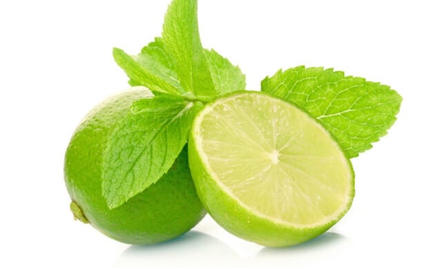 Fresh lime with green leaves on a white background showing a lime cut in half