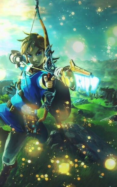 Link aims his bow with a powerful glowing arrow in a bright landscape, HD Mobile Wallpaper