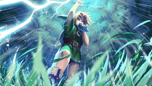 A character plays the ocarina while lightning strikes in the background in The Legend Of Zelda wallpapers, 4K Desktop Wallpaper