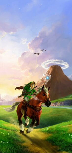 Link rides a horse through a scenic landscape with a mountain and a glowing fairy, HD Phone Wallpaper