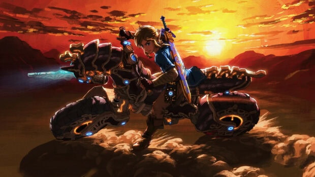 Link rides a mechanical horse through the desert at sunset in The Legend Of Zelda, 4K Desktop Wallpaper