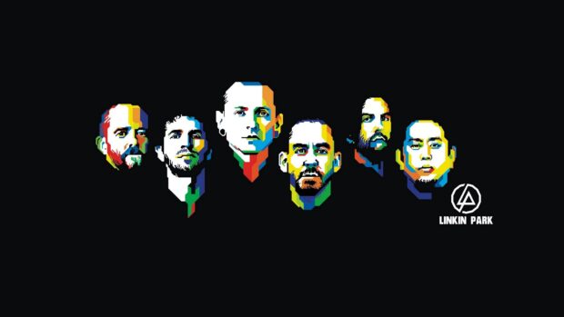 Colorful artistic portraits of Linkin Park members on a black background with the band logo