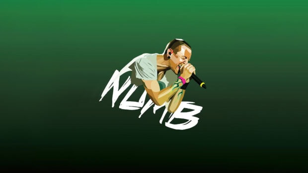 A Linkin Park singer performing passionately with a green background and numb text