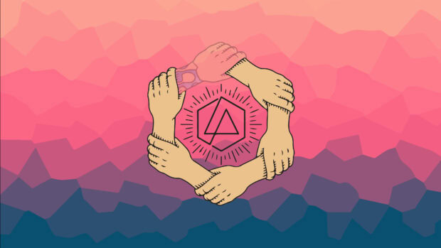 A circular pattern of hands holding each other around the Linkin Park logo on a colorful geometric background