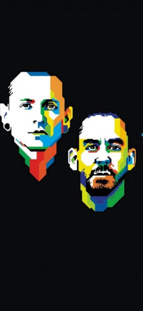 Colorful digital art of Linkin Park band members faces on black background