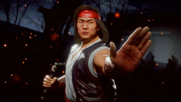 Liu Kang character in a fighting stance with a raised hand and red headband