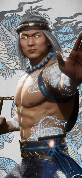 Liu Kang character with detailed tattoos and blue beads in fighting stance