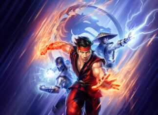 Liu Kang character in red fighting pose with fire powers and Mortal Kombat shadows