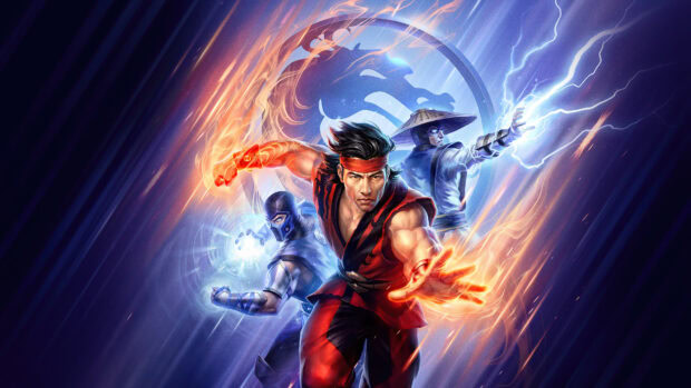 Liu Kang character in red fighting pose with fire powers and Mortal Kombat shadows