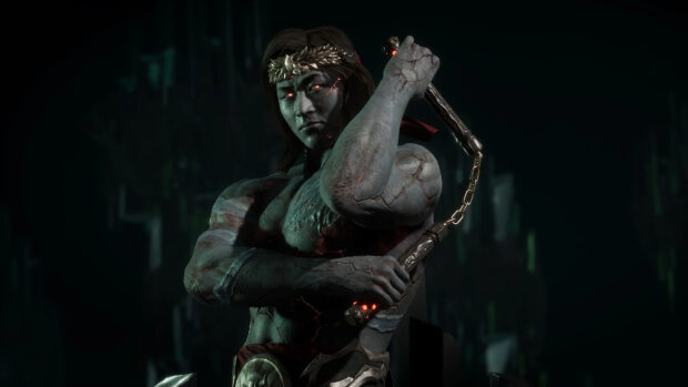 Liu Kang character with cracked stone skin holding nunchaku in a dark environment