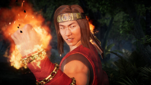 Liu Kang character with flaming fist performing a powerful fire attack