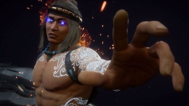 Ancient warrior Liu Kang with glowing blue eyes and detailed tattoos reaching forward