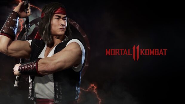 Liu Kang character from Mortal Kombat 11 in fighting pose with lightning effects background