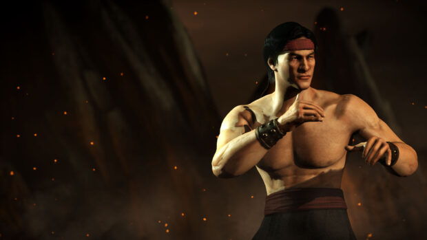 Liu Kang preparing to fight in a dark smoky environment with glowing embers around him