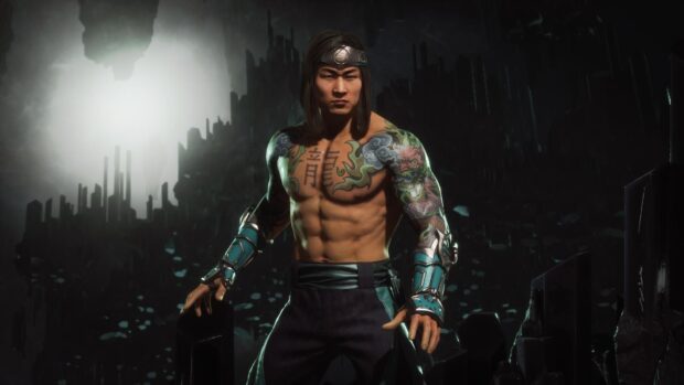 Liu Kang with dragon tattoos and armored gauntlets standing in a dark mystical environment