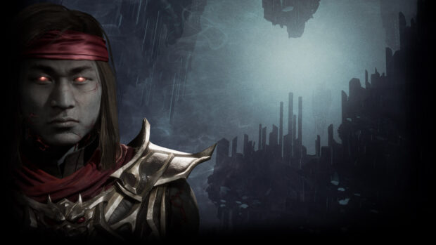 Liu Kang with glowing eyes and armor stands against a dark mystical cityscape background
