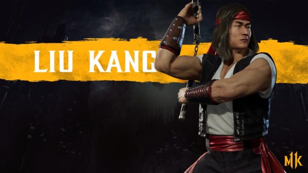 Muscular Liu Kang character holding a staff in a fighting stance in Mortal Kombat