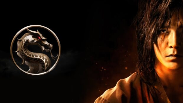 Liu Kang character from Mortal Kombat with dragon emblem in dark background