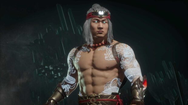 Liu Kang character with glowing eyes and detailed dragon tattoos on muscular body in dark setting