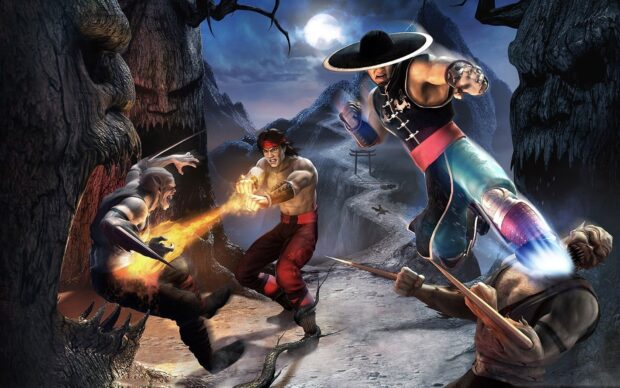 Liu Kang fighting enemies with fire and martial arts power in a dark rocky landscape