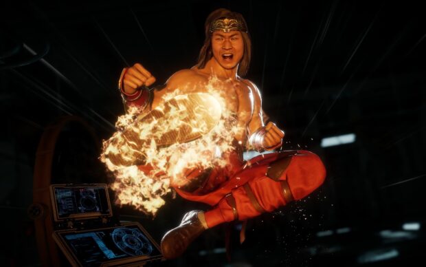 Liu Kang performing a powerful fiery kick in an intense battle scene