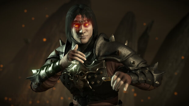 Liu Kang in dark spiked armor with glowing eyes preparing to fight in a smoky environment