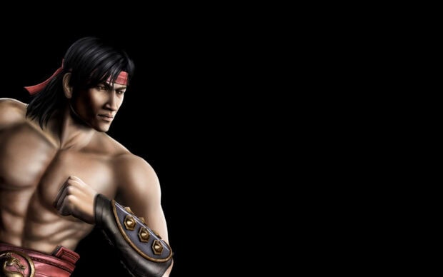 Liu Kang martial artist character in fighting stance with black hair and red headband