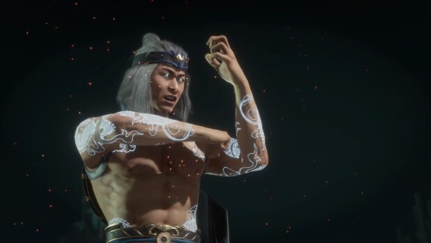 Liu Kang showcasing his glowing arm tattoos in a powerful fighting stance