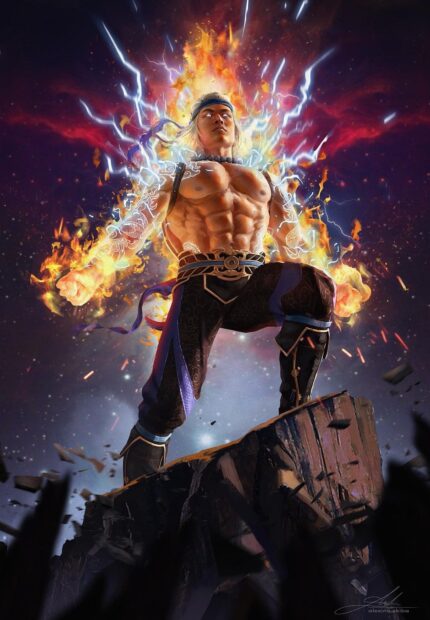 Liu Kang stands powerfully on a rock with glowing arms surrounded by fire and lightning energy