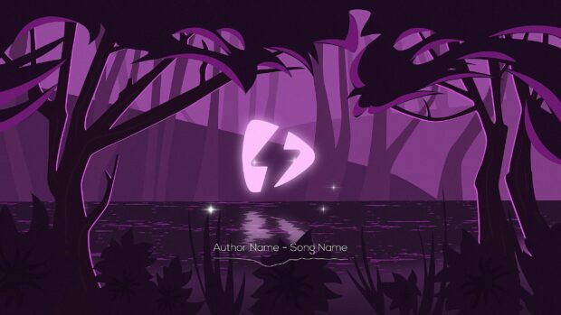 A lofi forest scene with glowing symbols reflected on a calm lake surrounded by dark trees