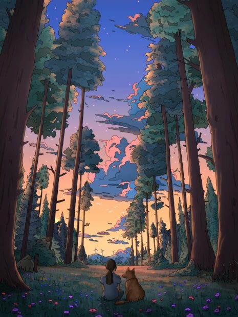 A girl sitting with her dog in a forest enjoying the peaceful forest at sunset