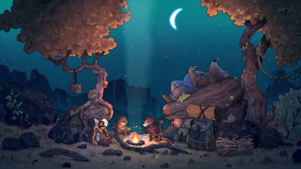 A cozy forest scene with animals camping around a fire under the crescent moon at night