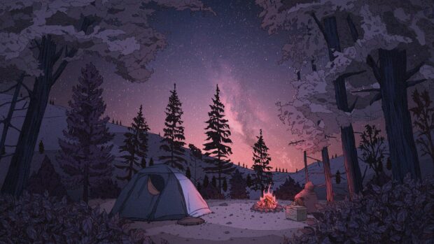A lofi forest scene with a campfire and tent under starry night sky