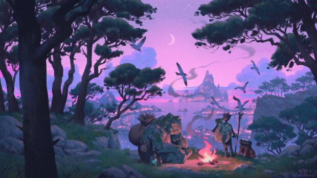 A tranquil lofi forest scene with a character resting by the campfire and another standing beside trees