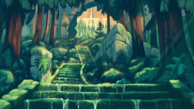 Ancient forest stairs with moss and greenery in lofi forest style