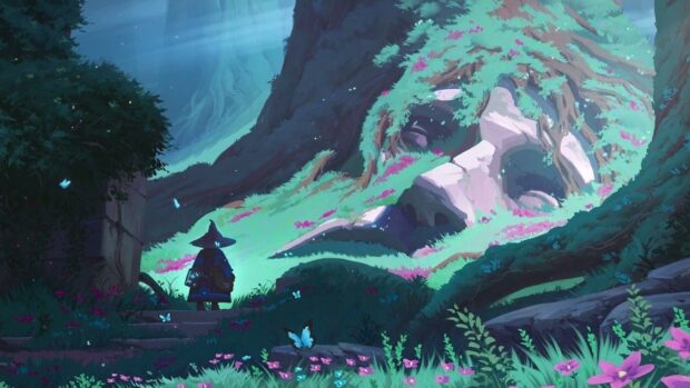 A mysterious figure exploring an ancient forest with giant tree roots and glowing butterflies
