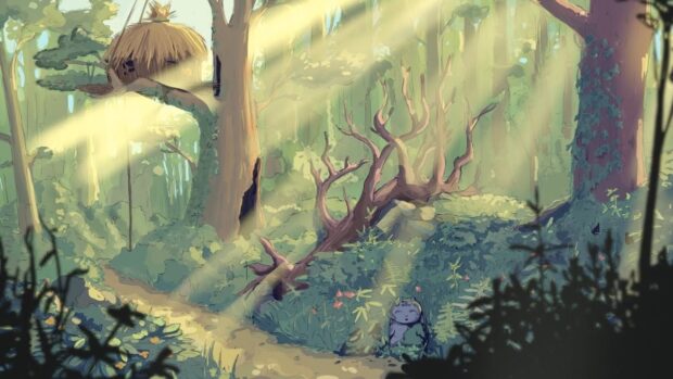 A peaceful forest path with soft sunlight shining through trees and lush greenery in a lofi style