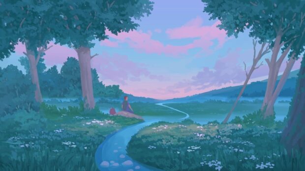 A person sitting by a peaceful forest stream in lofi forest style