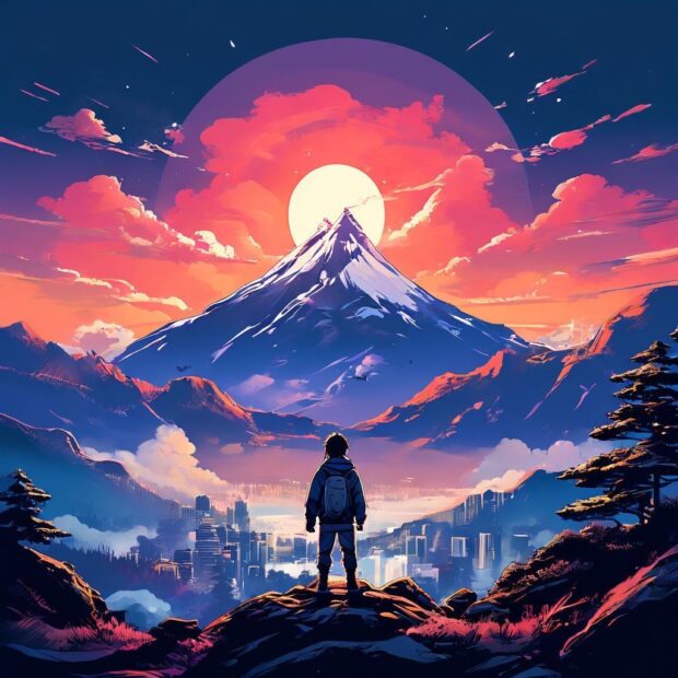 A person with a backpack overlooking a mountain and forest scene with a glowing sunset and cityscape