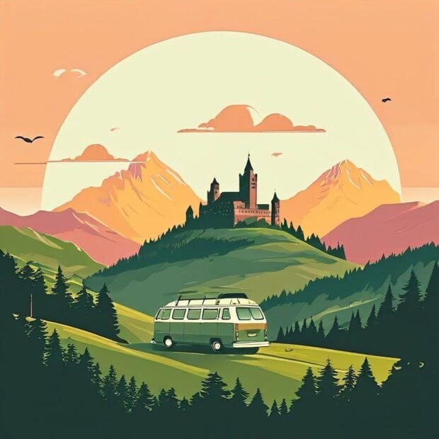 A scenic forest landscape with mountains a castle and a van driving along a green hill