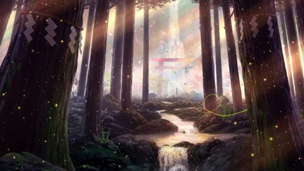 A serene forest path with tall trees and glowing lights in a lofi atmosphere