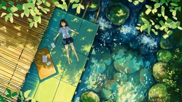 A girl resting on a forest deck beside clear water with lush greenery around