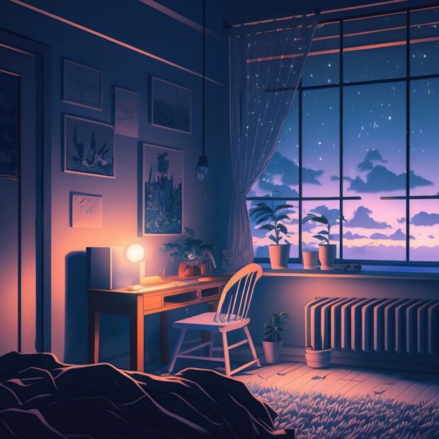 A cozy room with plants on the windowsill and a desk lit by a lamp during twilight lofi forest