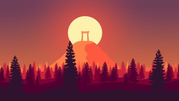 Lofi forest with a large sun behind a hill and pine trees in the foreground